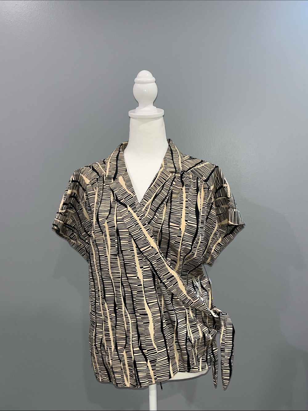 Nine West Black and Cream Wrap Blouse with Side Tie